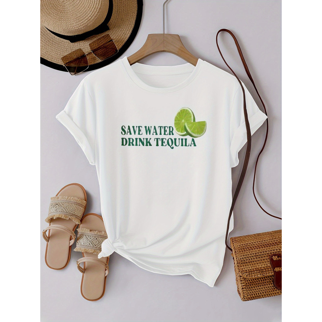 Kaos Grafis Wanita Lucu "Hemat Air Minum Tequila" dengan Cetakan Irisan Jeruk Nipis & Sombrero - Ata