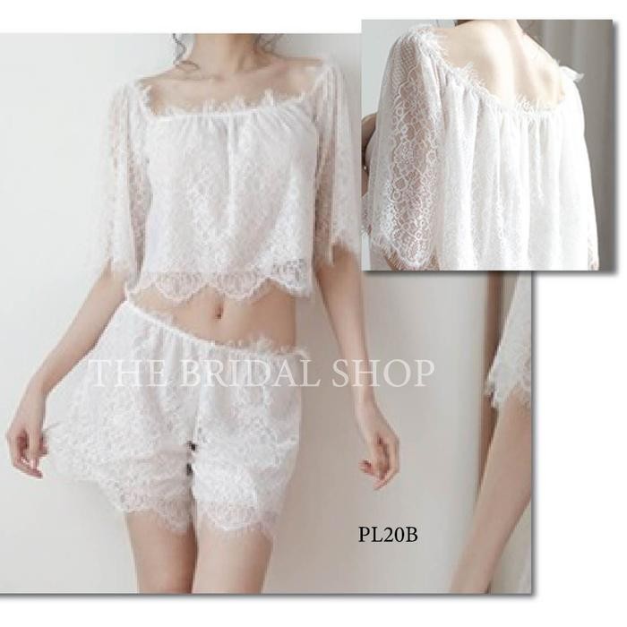 Set Baju Tidur Atasan Sabrina + Celana Pendek Lace Brokat Lingerie Putih PL20B