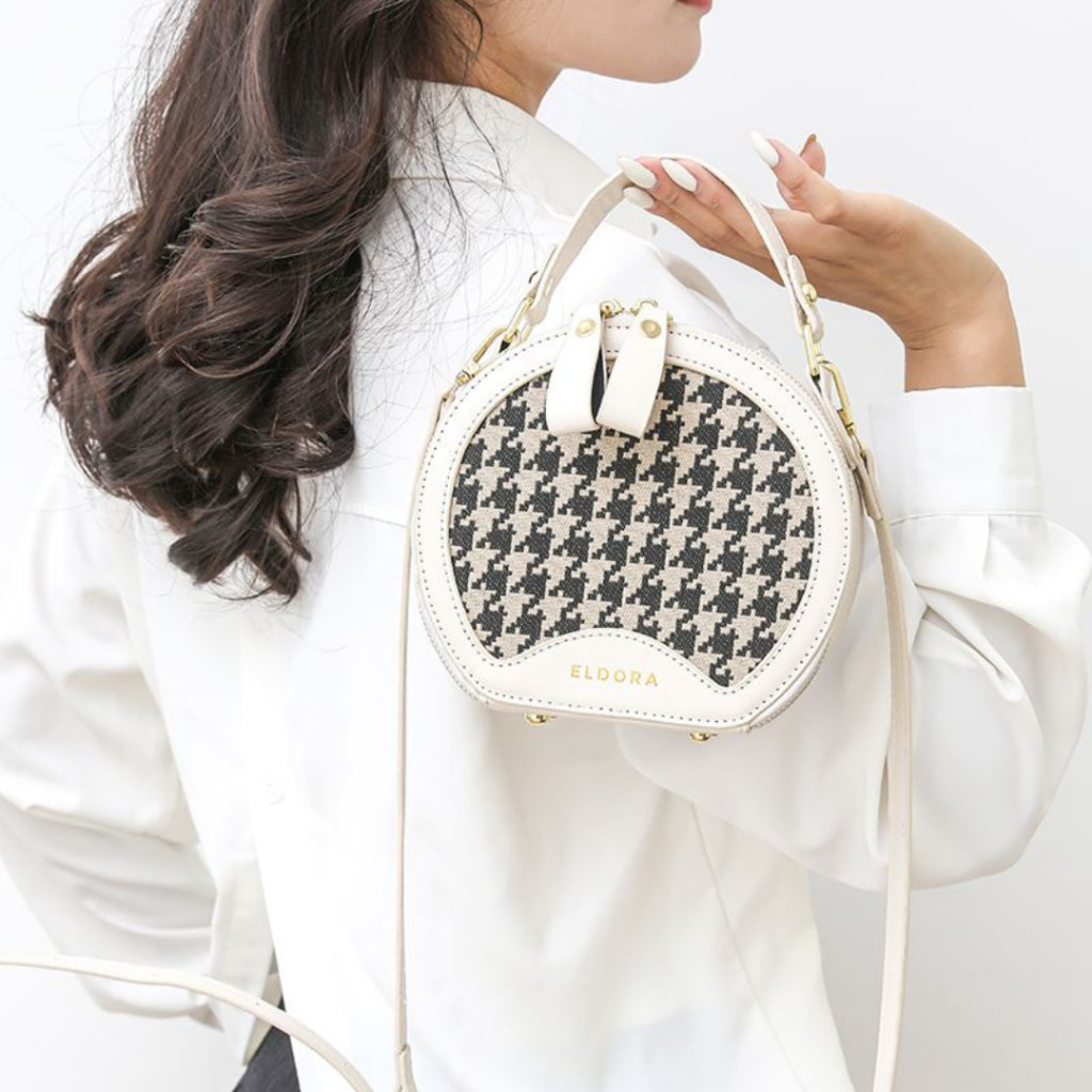 Mytote.Bag Flo Tas Tangan Wanita Putih Hitam Motif Kotak Tali Panjang Wanita