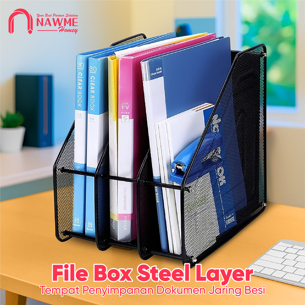 [NOBLES] File Box Foldable Metal Steel 2/3/4 Layers Rak Buku Folder Penyimpanan Dokumen Sekat Jaring