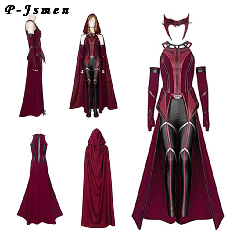 P-Jsmen Female Wanda Maximoff Cosplay Costume Scarlet Witch Headwear Cloak and Pants Full Set Outfit