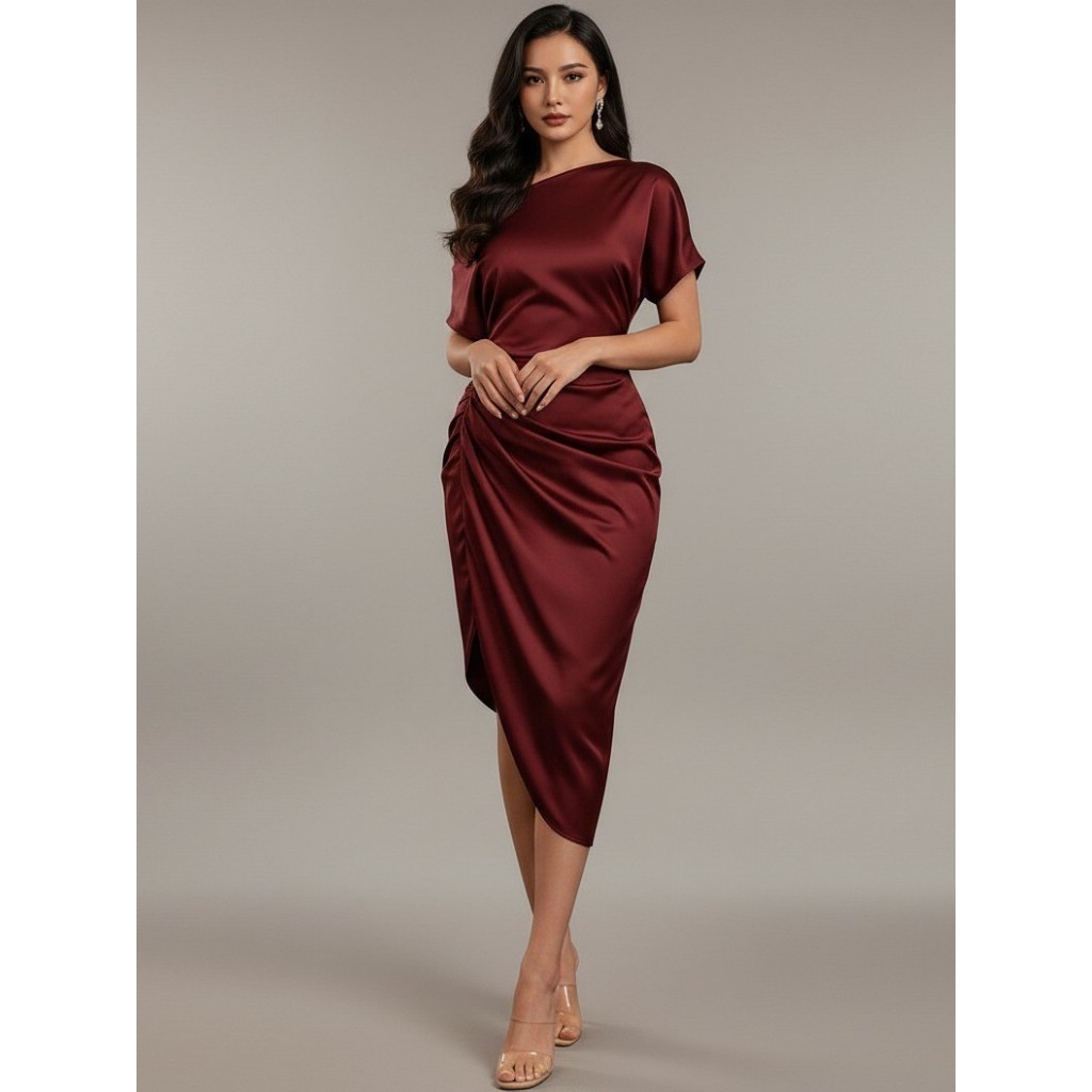 Dress Natal Gaun Wanita Gereja Dress Satin Polos Kasual Iris Midi Dress Serut Bridesmaid SB006