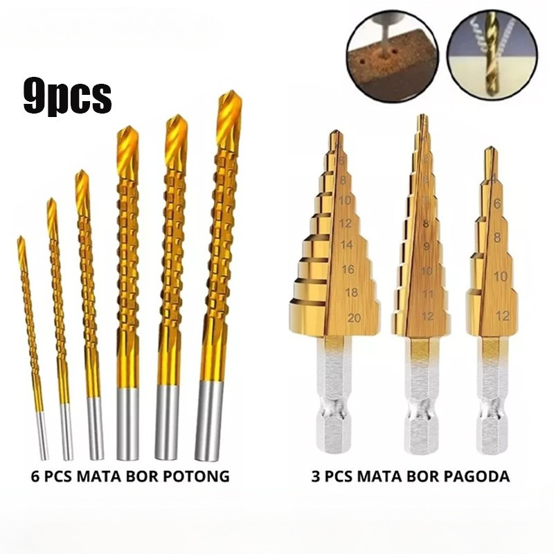9pcs Mata Bor Pagoda/mata Bor Lubang Besi/set Mata Bor Lengkap/mata Bor Titanium/mata Bor Baja