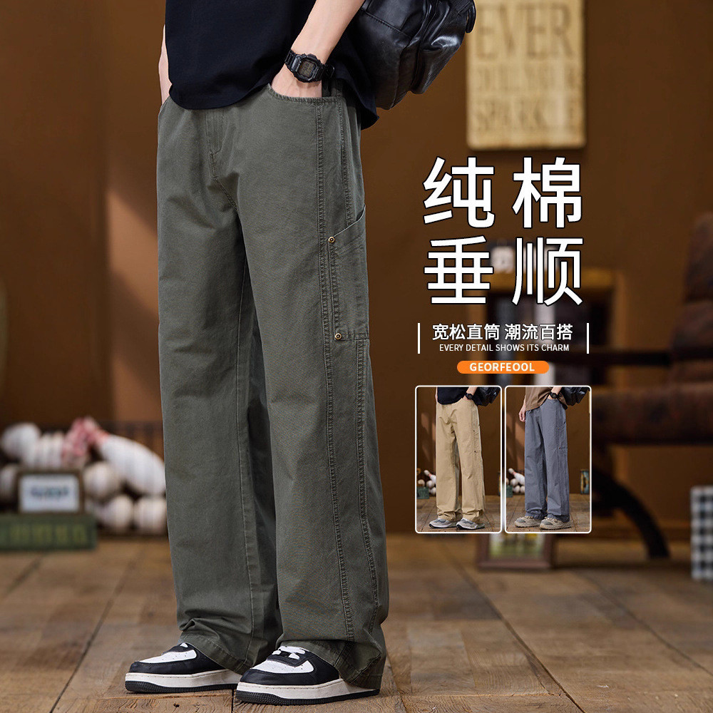 Celana Cargo Hijau Tentara Pria Longgar Lurus Gaya Amerika Katun Murni Santai Panjang