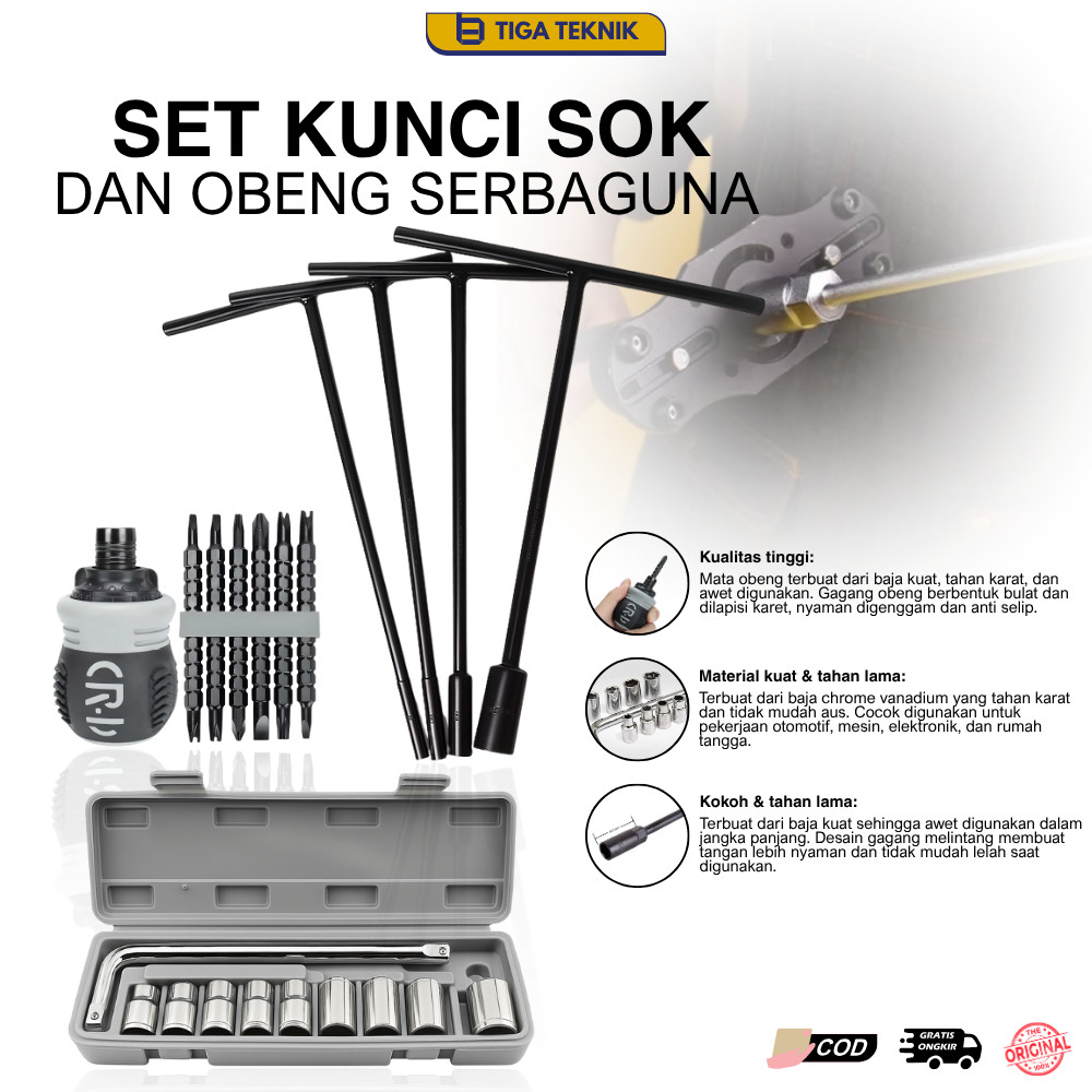 PAKET BENGKEL MURAH — KUNCI SHOCK 10IN1 + KUNCI T 4PCS 8-14 + OBENG CEBOL SET MULTIFUNGSI SERBAGUNA