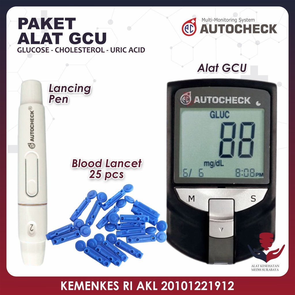 Paket Alat GCU 3in1 Autocheck Monitoring Lancet Lancing PenCek Gula Darah Kolesterol Asam Urat Gluco