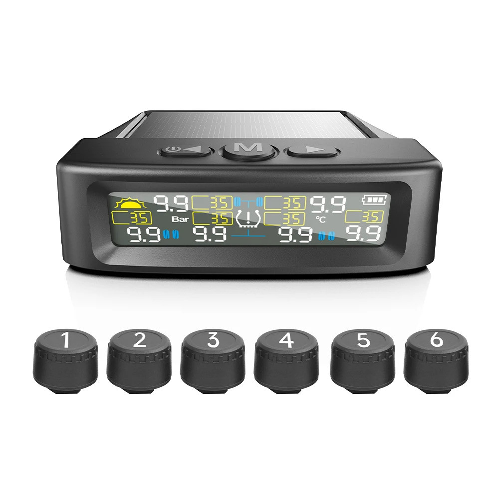 Alarm Tekanan Ban Mobil Truk Tenaga Surya TPMS dengan Layar Digital Berwarna-warni, 6 Sensor Ekstern