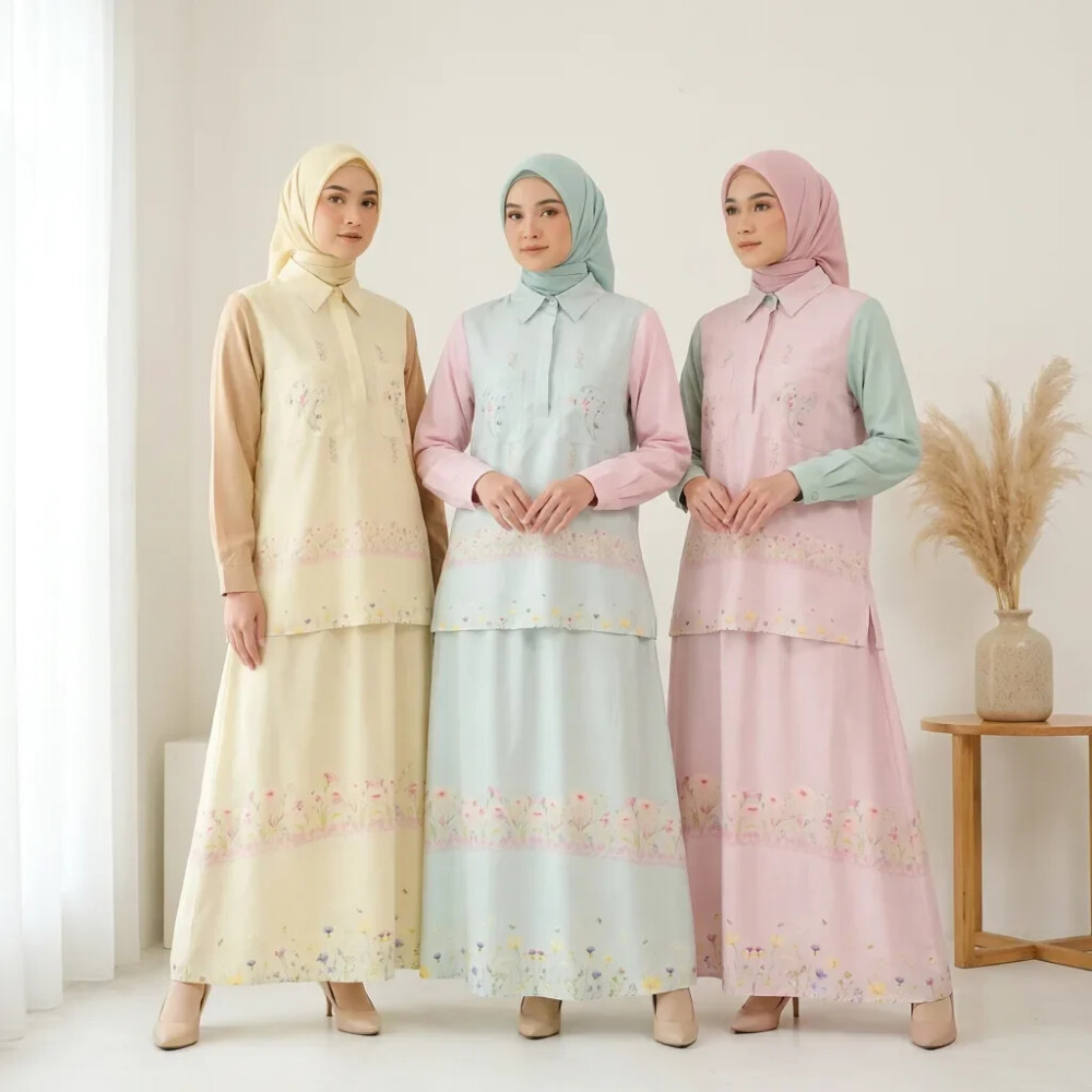 FADFAD Tunik Kerah Kemeja Kombinasi Motif Print Bunga Set Celana Lebar Busana Muslim Modern
