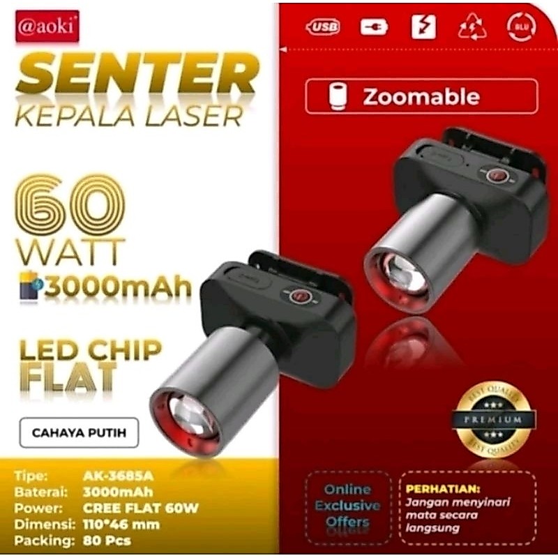 senter kepala aoki zoom cahaya putih  aoki zoom AK-3685 60watt senter kepala zoom