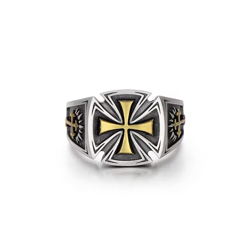 Cincin Retro Croix de Guerre untuk Pria, Aksesoris Salib Warna Perak, Gaya Punk Gothic, Cincin Terbu