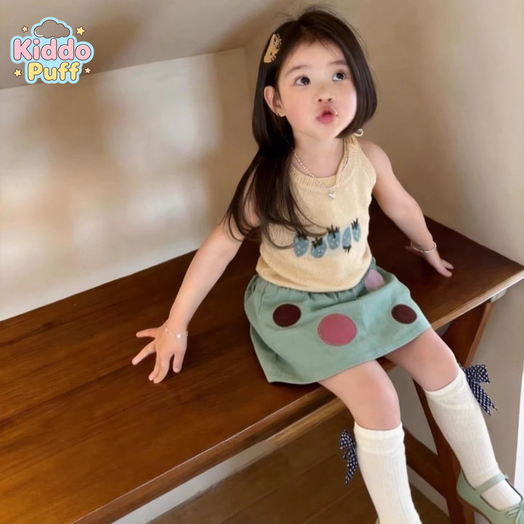 Kiddo Puff Manis Set Atasan Rompi Rajut Musim Panas Anak Perempuan Motif Polkadot Dan Rok Hijau Mint