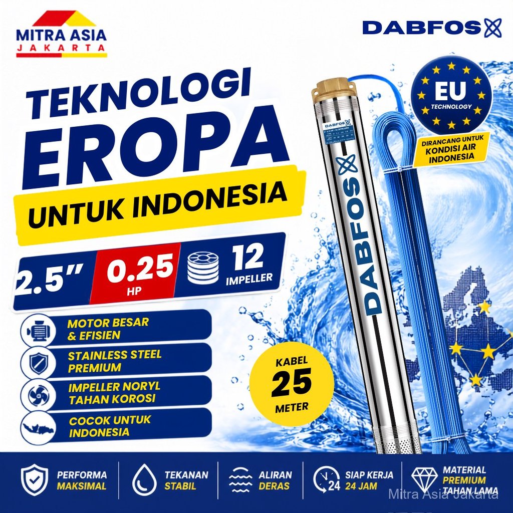 Pompa Satelit Dabfos 2,5 Inch 0.25 HP + Kabel 25 Meter– Submersible / Sible Berkualitas / Teknologi 