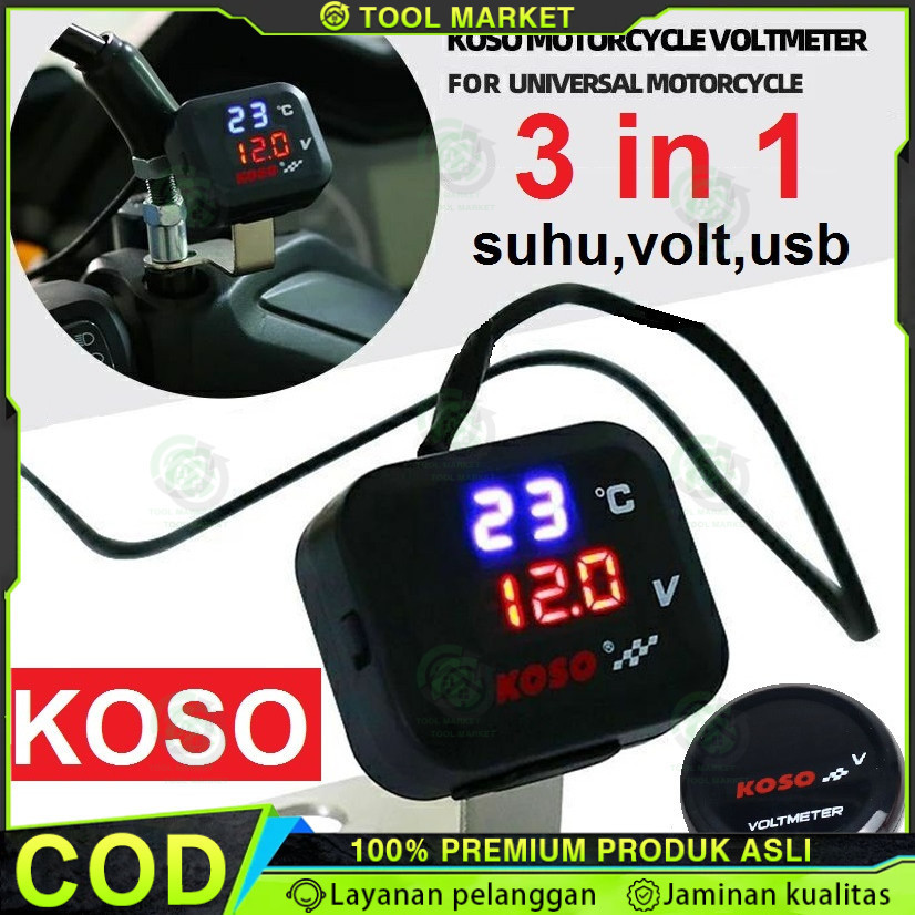 Voltmeter Koso 3 In 1 USB Charger Universal SEMUA MOTOR Anti Air Original Termometer Digital Jam Suh