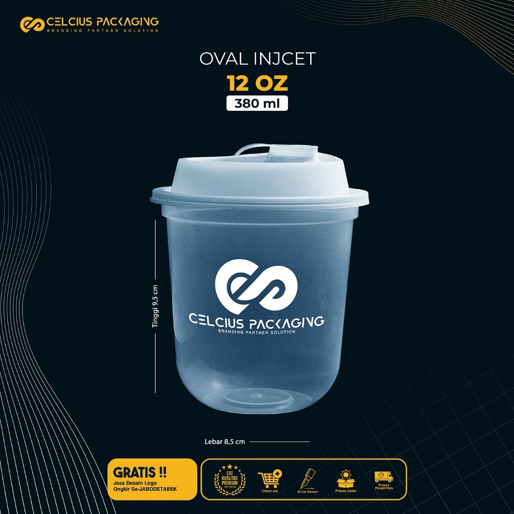 Sablon Cup Gelas Plastik 12 OZ Oval Inject 380 ml + LID Sambung