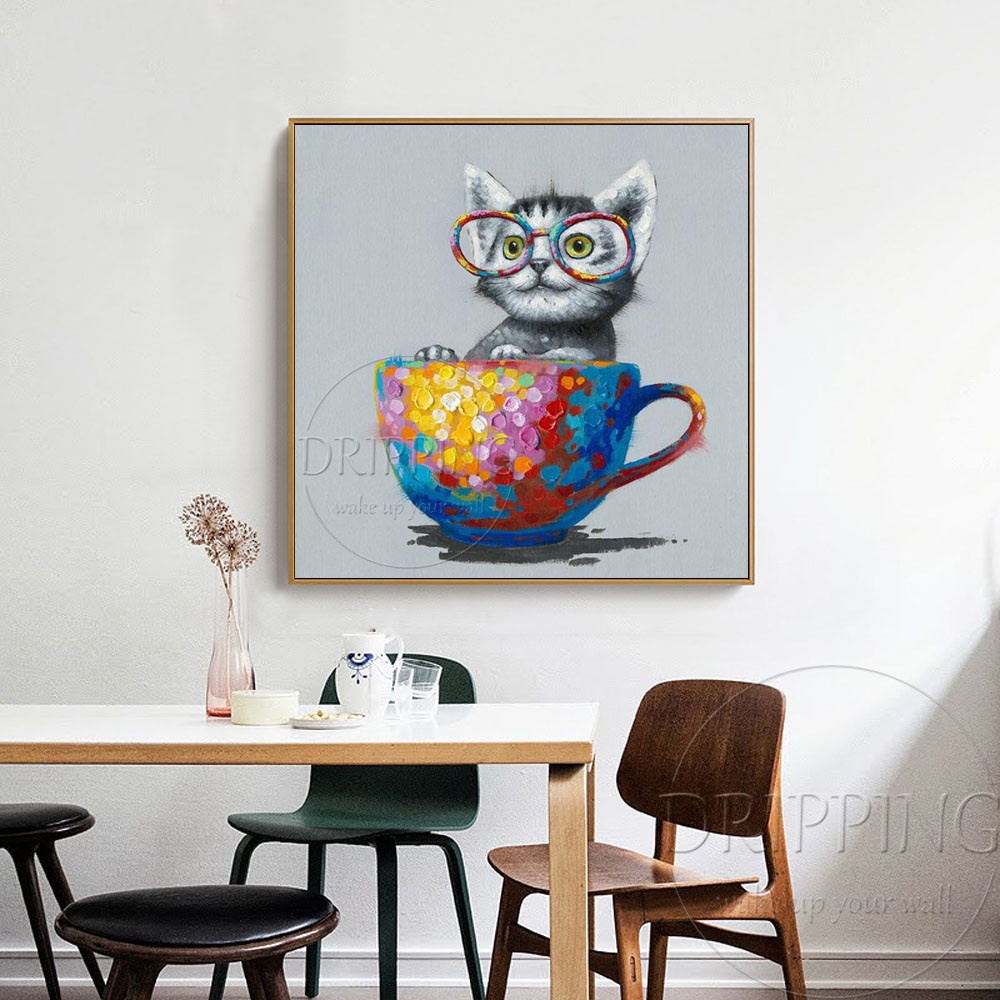 

Funny Design Small Animal Cup Cat Oil Painting Artist Hand-painted Colorful Cute Cat with Glasses Oil Painting for Kitchen Decor