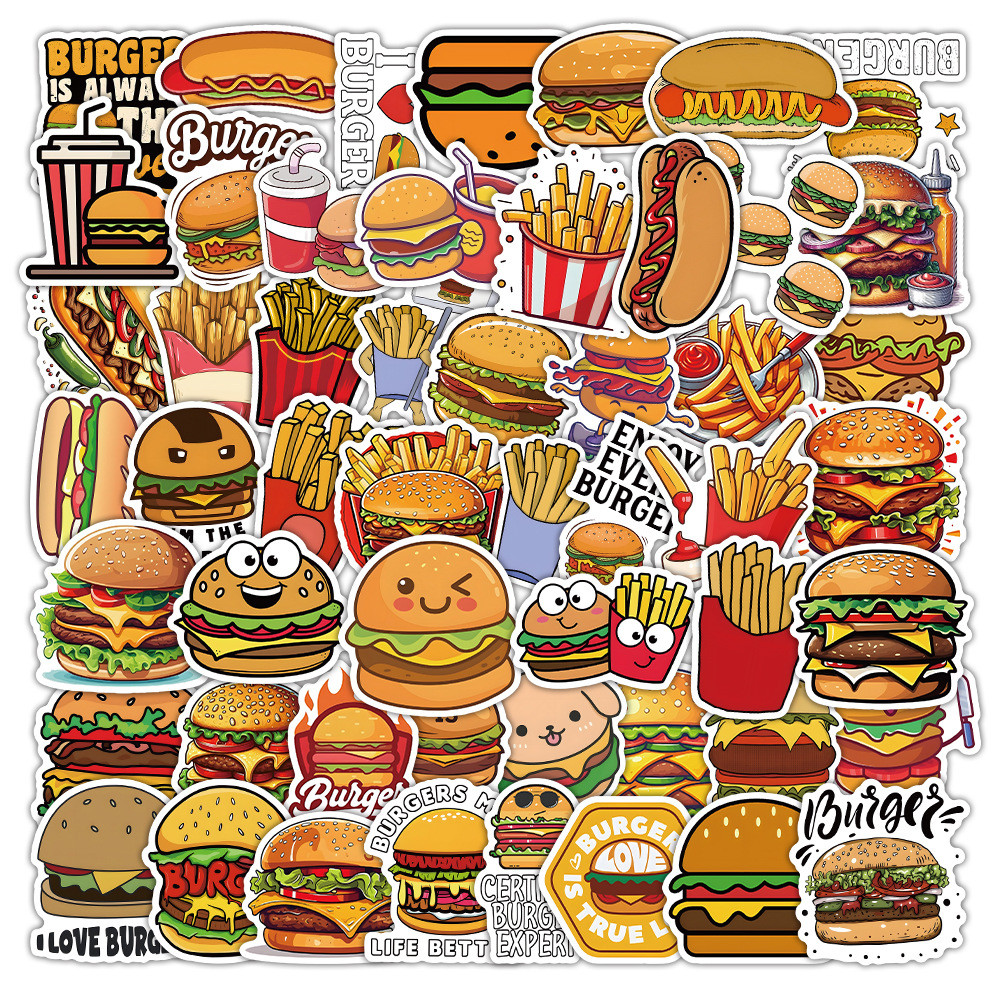 

54PCS Burger and Fren- Fries Stickers Cartoon Food Style Water Cup Notebook Phone Laptop Decals -ildren's Reward Stickers
