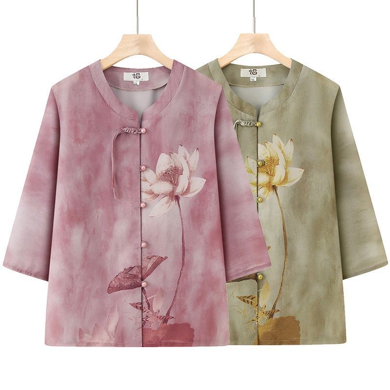 Set Baju Musim Panas Nenek Gaya China Blus Musim Panas Pakaian Musim Panas untuk Wanita Usia Tengah 