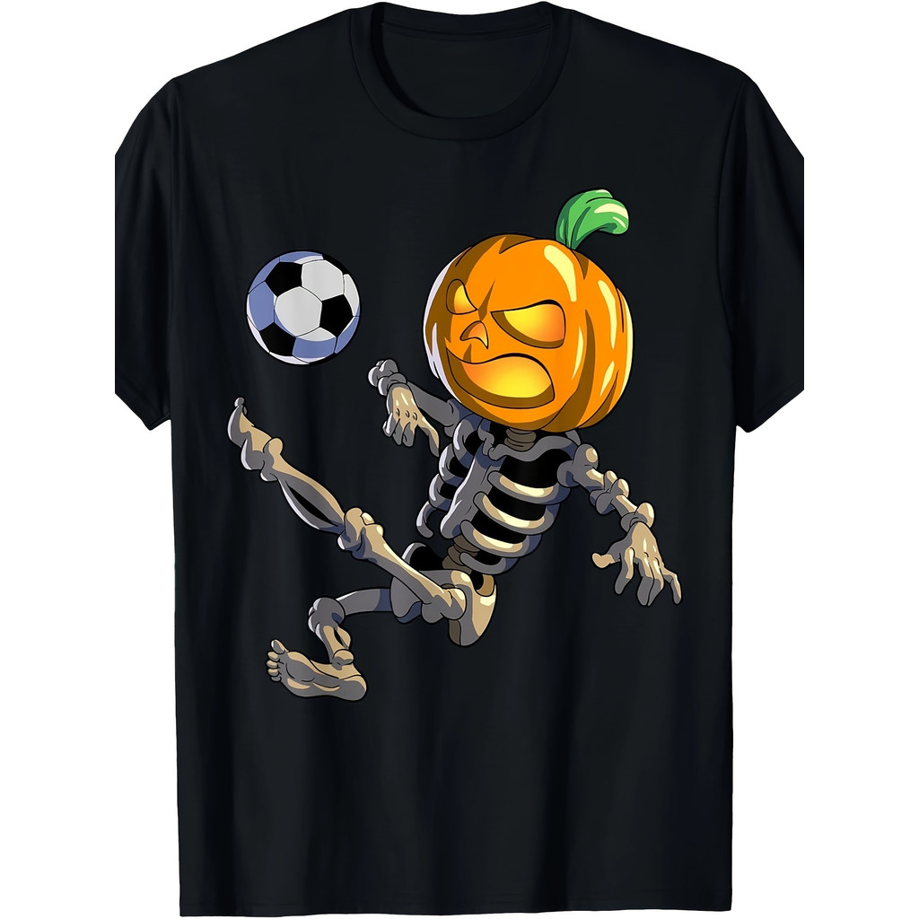 Kaos Pria Katun 100% Tengkorak Sepak Bola Halloween - Lengan Pendek, Leher Bulat, Motif Burung Rusa 