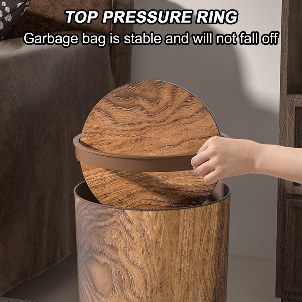 Imitation Wood Grain Trash Can Swing-Top Wastebasket Retro Small Garbage Dustbin for Household Bedro