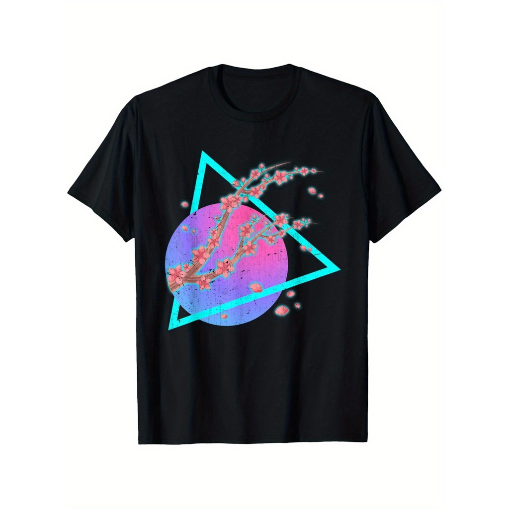 Kaos Pria Retro Vaporwave 90an - Cetakan Sakura & Alpukat, Katun Mewah 180gr Dicuci, Ukuran Biasa, K