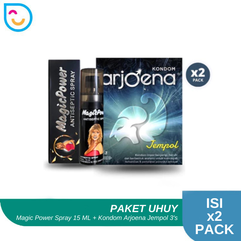 Paket Uhuy Magic Power Spray 15 ml + Kondom Arjoena Jempol Isi 3 Sachet Condom Bergerigi & Tisu Magi