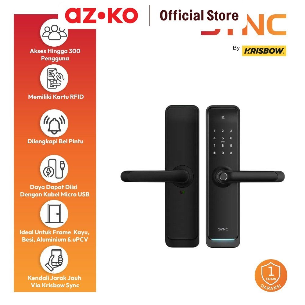 AZKO Krisbow Sync Smart Digital Door Lock Mortise - Hitam Pengunci Pintu Fingerprint Pin Kartu Sidik