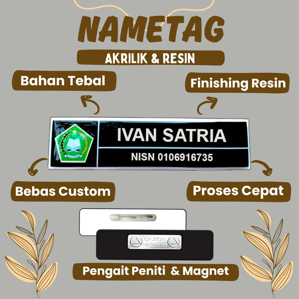 Name Tag Nama Dada Akrilik Magnet Peniti Gold Silver