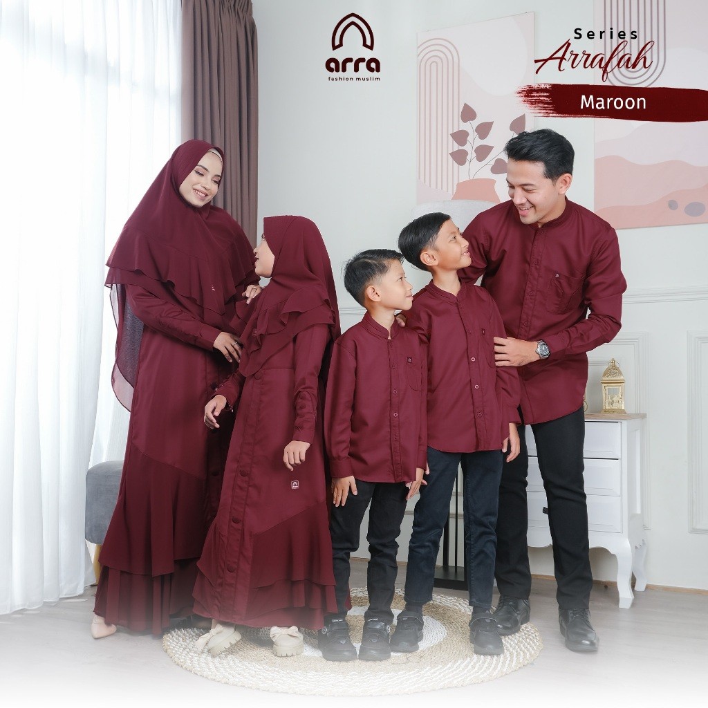 Sarimbit Keluarga Baju Couple Muslim Series Arafah (Gamis, Koko, Khimar) Warna Maroon Bahan Toyobo F