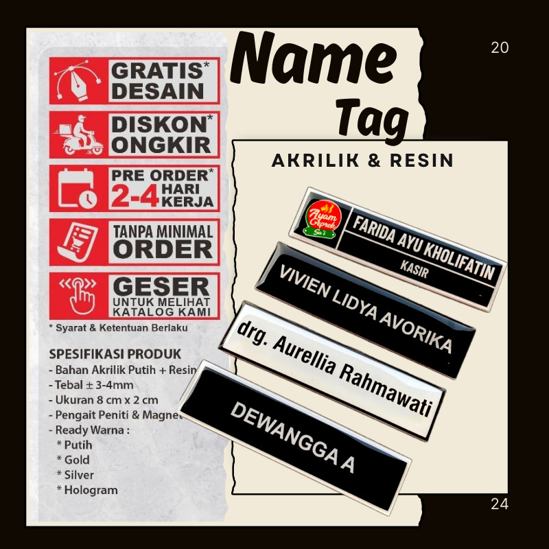 Name Tag /Nama Dada /Akrilik-Kuningan-Stainless-Peniti-Magnet