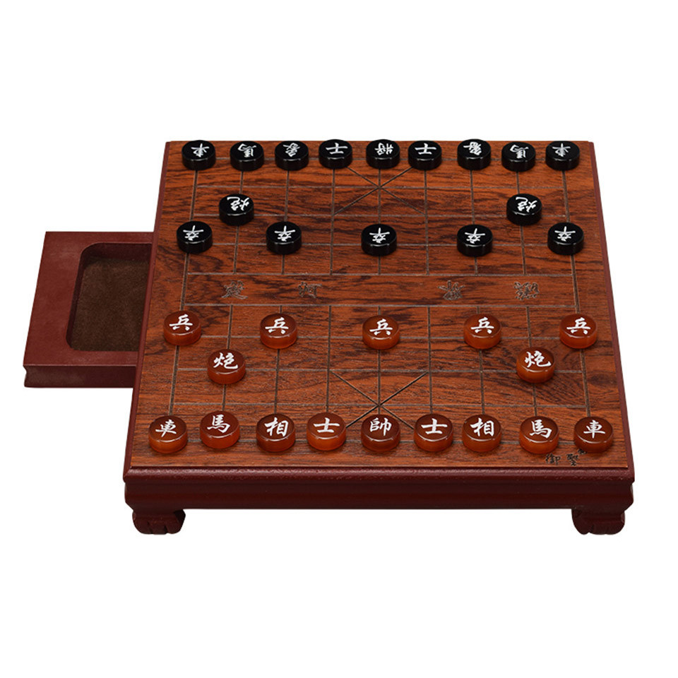 Luxury Chinese Chess Set, Chinese Xiang Qi, Wooden Box  Chessboard with Drawer Agate Pieces Xiangqi 