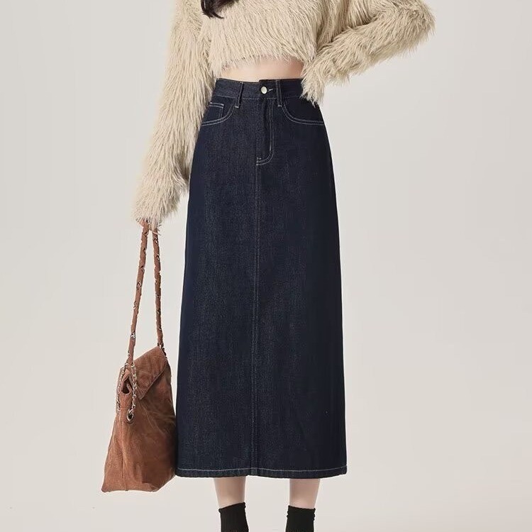 Women's High-Waisted Buttoned Denim Skirt/Spring and Summer Mid-Length Slit Skirt