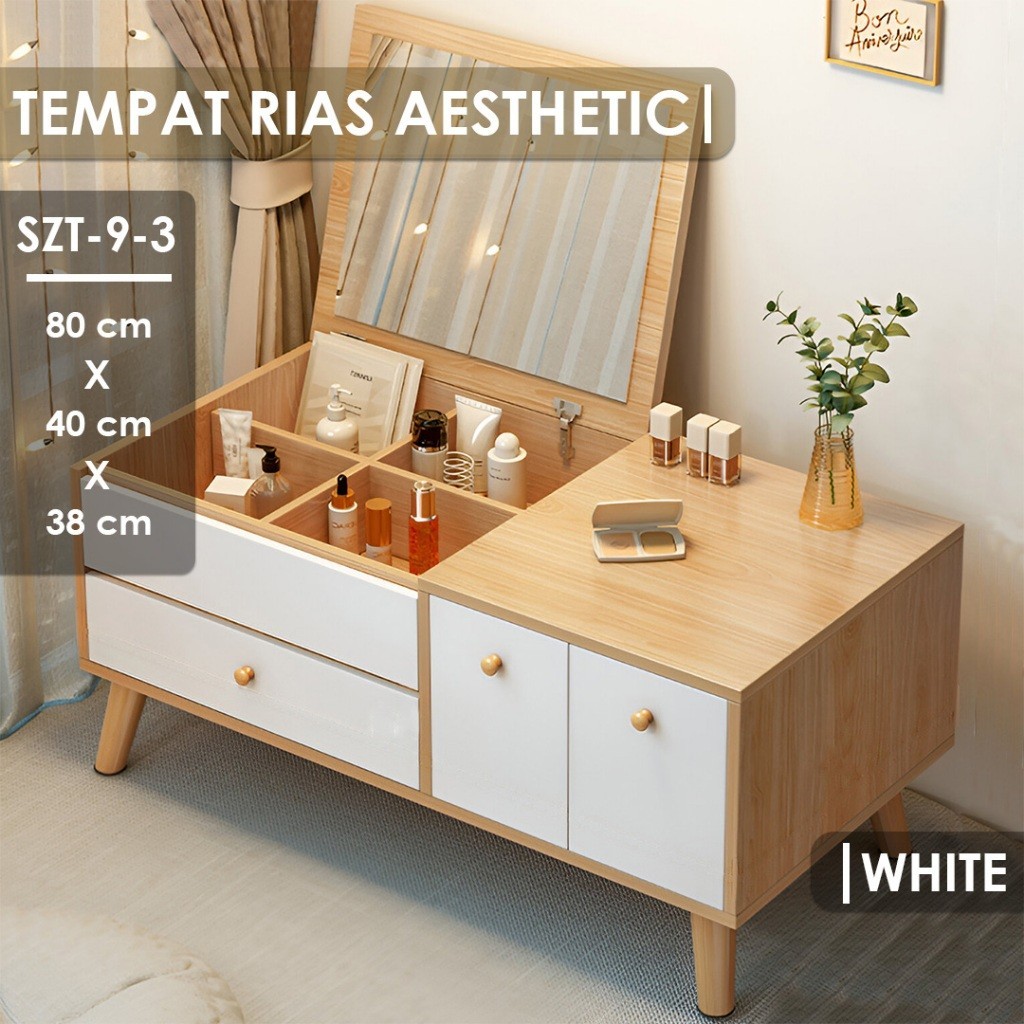 Meja Rias Kosmetik Meja Rias Minimalis Modern Meja Rias dengan Kaca Lipat Aesthetic Meja Kaca