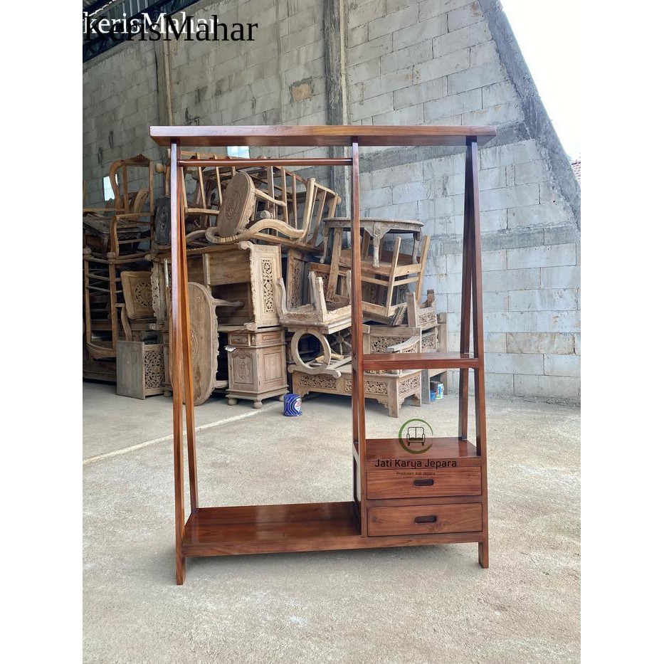 Standing hanger kayu keras, gantungan baju kayu keras laci 2 murah