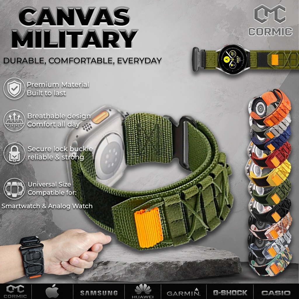 Strap Smartwatch CANVAS MILITARY CORMIC Tali Jam Nylon 20mm 22mm 18mm 24mm 26mm untuk GShock dan Cas