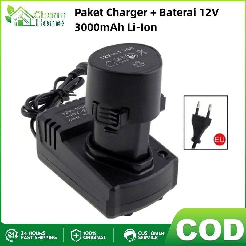 Paket Baterai + Charger 12V 3000mAh /Pengisi Daya Cepat untuk Semua Merk Bor Cordless & Obeng Listri