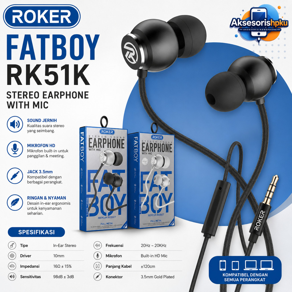 [RK51K FAT BOY] Earphone Headset Original Roker RK51K Fat Boy Stereo Sound Handsfree Universal With 