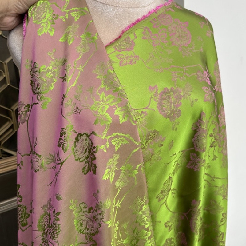 1 meter 65% Mulberry Silk 35% Cotton 22 momme Brocade Silk Fabric Green Floral 110cm 43" wide by the