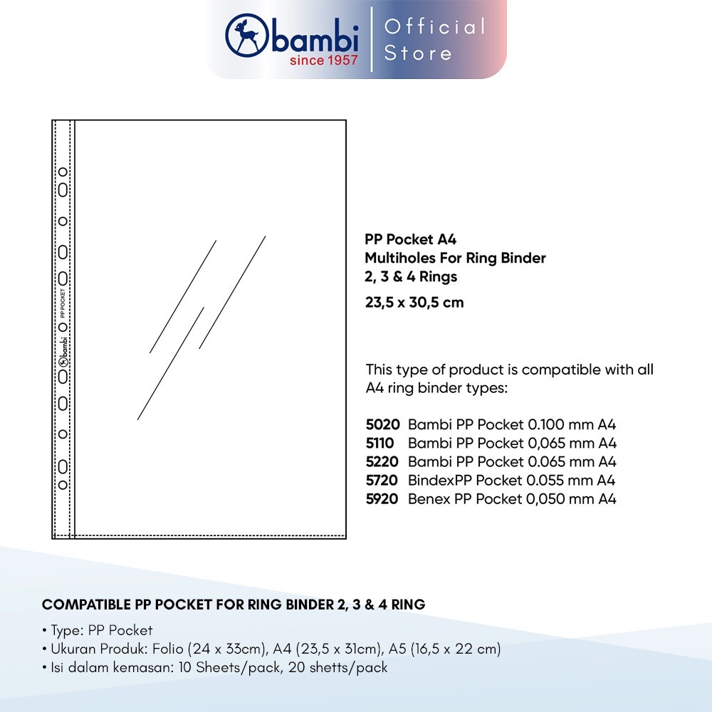 

New Bambi PP Pocket untuk Ring Binder 2, 3 dan 4 Ring Ukuran A4 Isi 1 Lembar Original (HANYA GIFT)Premium