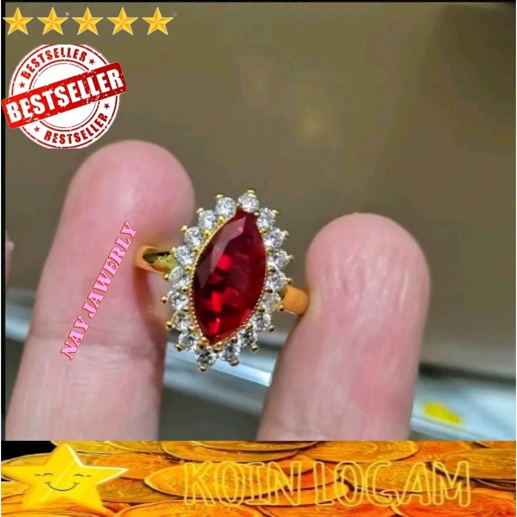 cincin koin logam 1991 motif oval permata merah