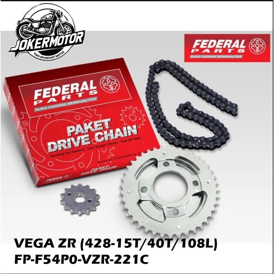 GEAR GIR SET PAKET GIGI TARIK KOMPLIT DEPAN BELAKANG RANTAI YAMAHA VEGA ZR (428-15T/40T/108L)-  DRIV
