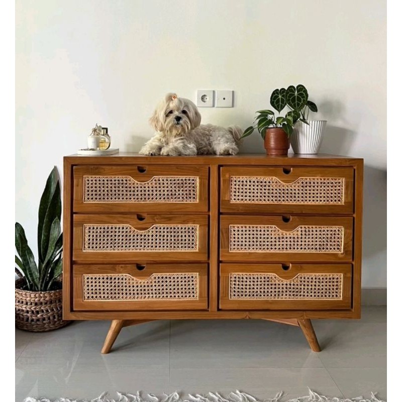 Buffet nakas rotan alami lemari kabinet drawer kayu jati perhutani jepara laci 6 rotan rattan rottan