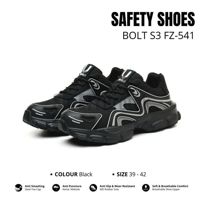 Sepatu Safety BOLT S3 Black Shoes Pendek Model Stylish Sport Sneakers Kerja Industri Proyek Pria Wan