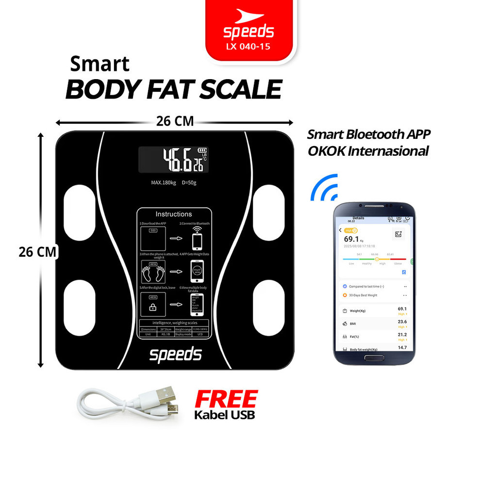 SPEEDS Timbangan Badan Smart Lemak Fat Digital Weight Scale Scales 26cm Fat Scaler USB Aplikasi Peng