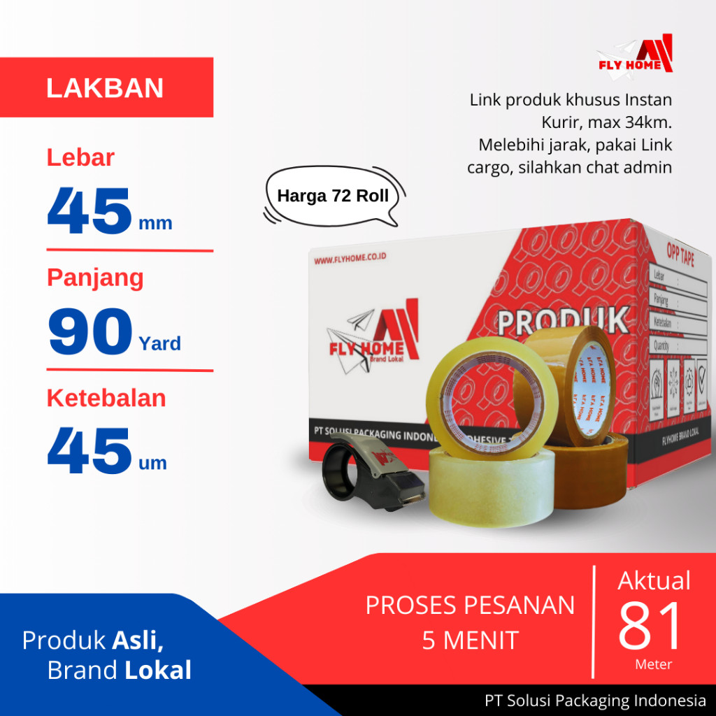 

PROMO!FLYHOME Lakban bening coklat 90yard 81METER 2inci 45x90 yard 1 dus - 72Rolls jumbo INSTANREADY