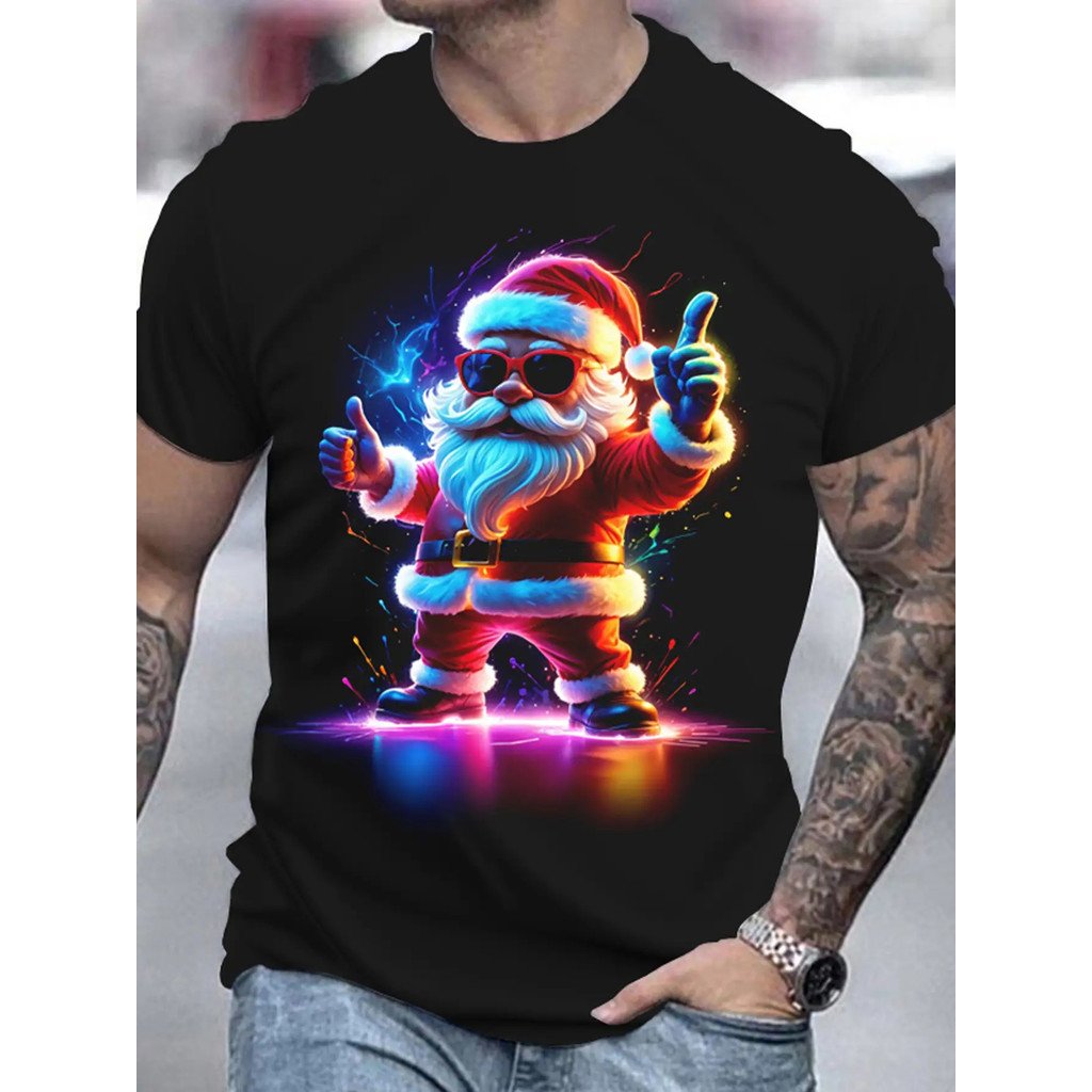 Men's Vibrant 3D Santa Claus Graphic T-Shirt – Cool Neon Design, Casual Round Neck Short Sleeve Tee 