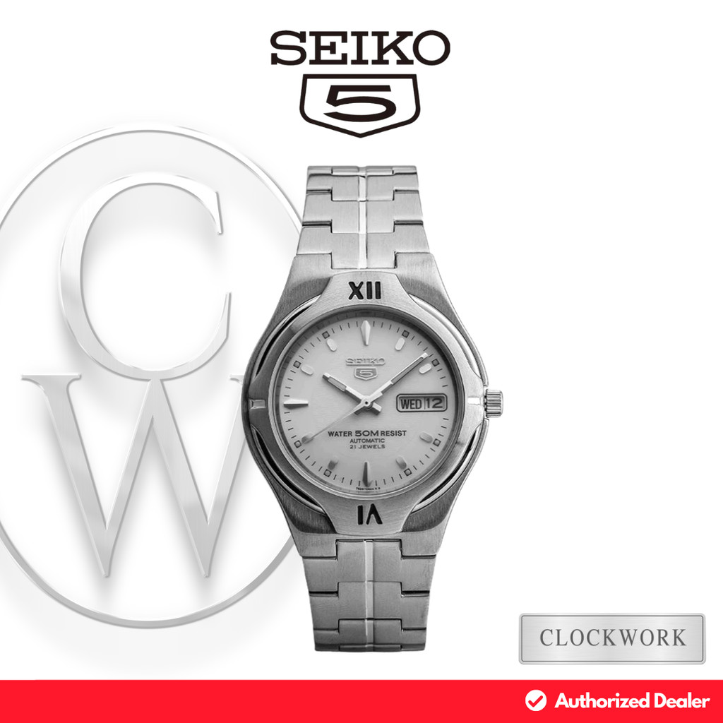 Jam Tangan Pria Seiko 5 SNK345K1 Automatic White Pattern Stainless Steel Strap Classic Casual Silver