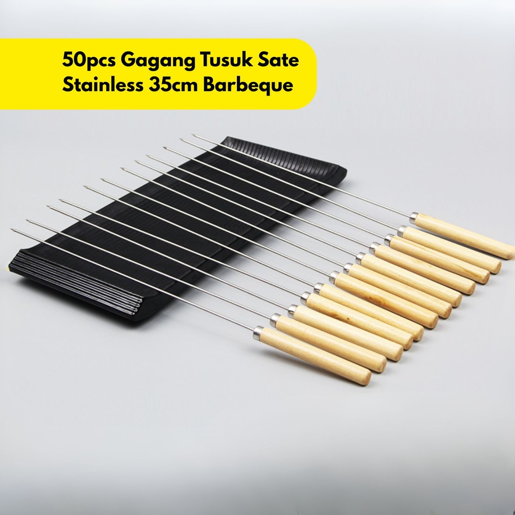 50pcs Gagang Tusuk Sate Stainless 35cm Barbeque Reusable Cooking Tools