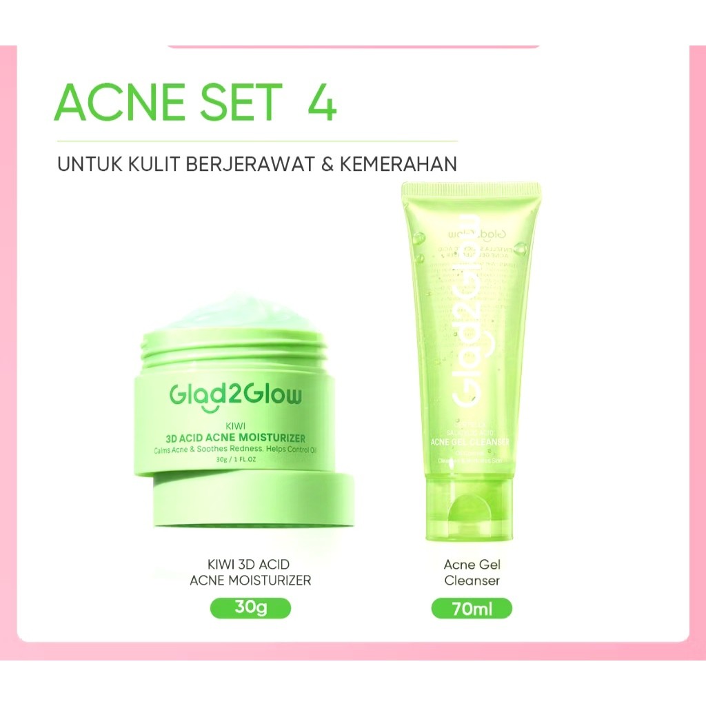GLAD2GLOW paket bundling (Kiwi 3D acid mositurizer + Acne gel cleanser hijau)