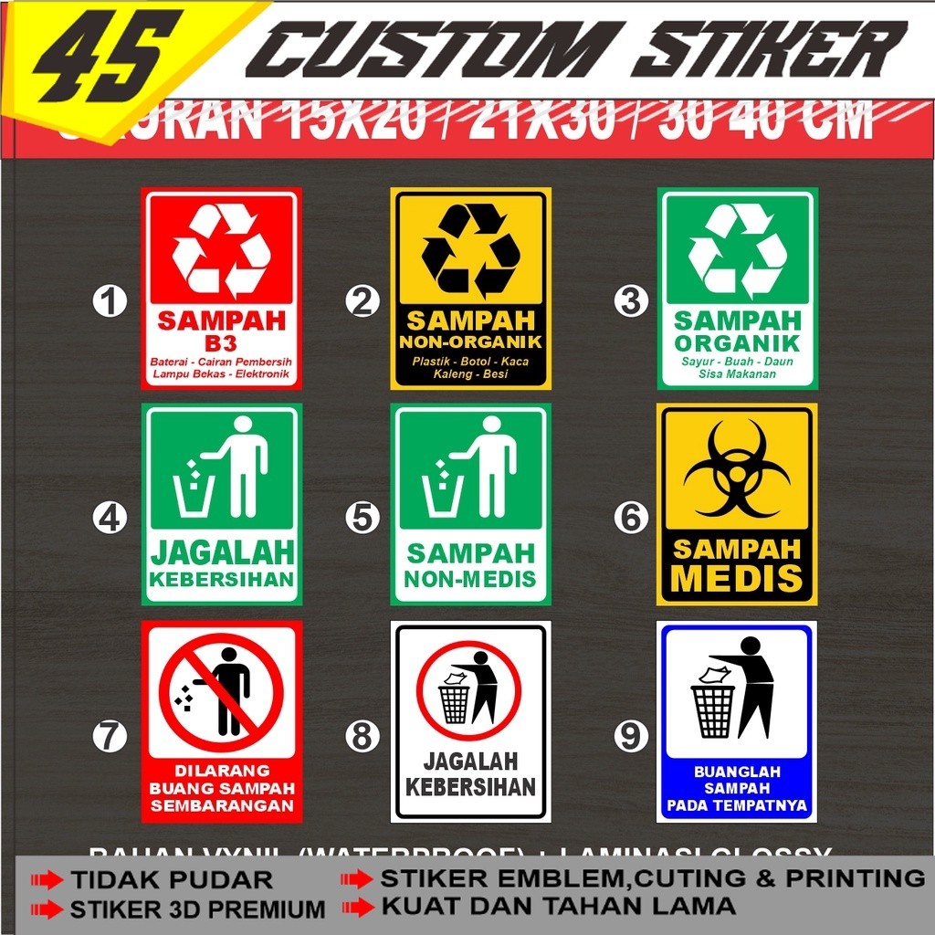 Stiker Sampah Ukuran Besar (15x20 / 21x30 / 30x40 cm ) Sticker Tempat Sampah Organik Non Organik, Sa
