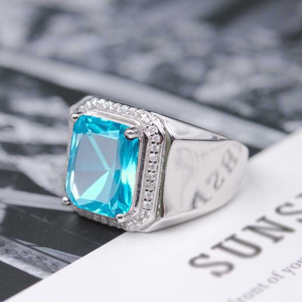 Cincin Pria Perak Aquamarine Zircon Kristal Berlian Fashion Keren Perhiasan Aksesoris Ulang Tahun